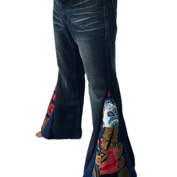 Handmade Patchwork Bell bottom Jeans Unisex Upcycled Mens Jeans - Picture 4 of 11